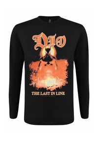 Svart langermet t-skjorte med et oransje grafisk design med horn og teksten "DIO THE LAST IN LINE" i fet stilisert skrift.