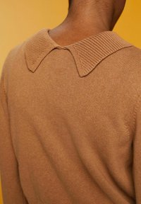 Vue arrière d’une personne portant un pull tricoté couleur chameau avec un col large, pointu et côtelé sur un fond jaune moutarde.