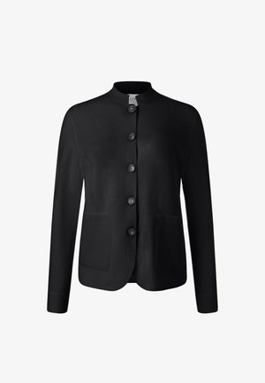 Cardigan nero realizzato in tessuto fine, con colletto rotondo, chiusura frontale con sei bottoni e due tasche frontali.