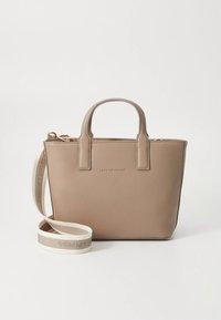 Beige leather tote bag with dual handles, removable shoulder strap, and embossed brand name on the front. Smooth texture, structured shape.
