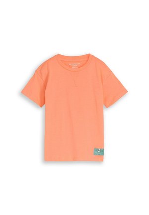 Short-sleeve orange children's T-shirt with round neck and small green patch featuring a cartoon character near the bottom hem.