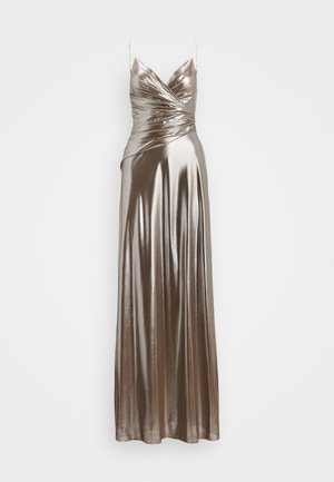 Metallic bronze evening gown with a fitted bodice, draped front, and adjustable spaghetti straps. Smooth, shiny fabric with a floor-length design.