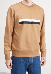 Felpa marrone con collo a girocollo, caratterizzata da un motivo orizzontale in beige, bianco e nero sul petto. Realizzata in morbido tessuto misto cotone.