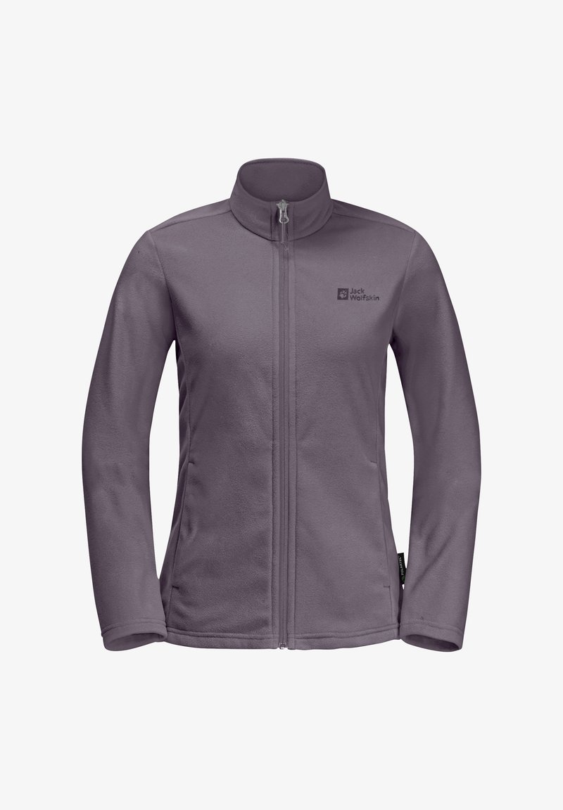 Lila Fleecejacke mit hohem Kragen, durchgehendem Reißverschluss und Logodetail auf der linken Brust. Weicher Stoff und taillierte Passform.