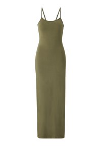 Olijfgroene, mouwloze maxi-jurk met een slim fit. Heeft dunne bandjes en een soepele stoftextuur, die tot aan de enkel reikt.