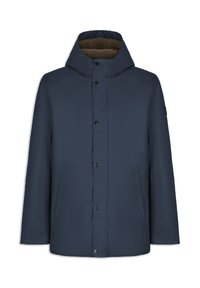 Námořnická voděodolná bunda s kapucí, s plyšovou hnědou fleece podšívkou, zapínáním na patentky a bočními kapsami. Hladký vnější texture.