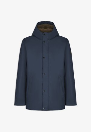 Chaqueta impermeable de color marino con capucha, forrada con suave forro de franela marrón, cierre de botones a presión y bolsillos laterales. Textura exterior suave.