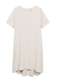 Vestido beige de manga corta con escote redondeado, tejido suave, dobladillo trasero ligeramente más largo y cierre con ojal en la parte posterior del cuello.
