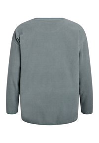 Šedý fleecový pulóver s okrúhlym výstrihom, dlhými rukávmi a voľným strihom. Hladká textúra bez viditeľných vzorov alebo kovania.