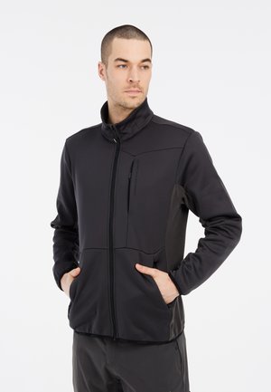 Black zip-up jacket featuring a high collar, smooth fabric, and mesh side panels, with front pockets and a chest pocket for storage.