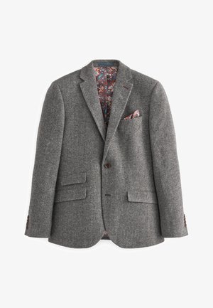 Gray herringbone blazer with two front pockets, a single button closure, and a patterned interior. Includes a pocket square in a contrasting color.
