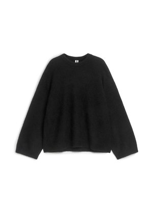 Schwarzer Strickpullover, runder Ausschnitt, lange Ärmel, lockere Passform, weiche Textur, keine sichtbaren Muster oder Akzente. Geeignet für den Freizeitlook.