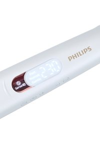 Philips haarstyler met een witte behuizing, digitaal display en modeknoppen. Toont instellingen: Snel, Normaal, Zacht, met temperatuurweergave.