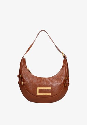 Borsa a spalla in pelle marrone con forma arrotondata, dettagli in hardware dorato e due fibbie, dotata di una chiusura con zip visibile.