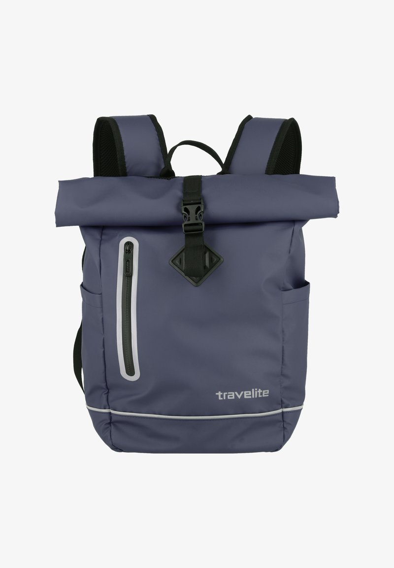 Blue roll-top backpack with black accents, zippered side pocket, adjustable straps, and reflective trim at the bottom. Made of durable material.