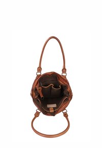 Borsa in pelle marrone aperta per mostrare la fodera in tessuto scuro con più tasche interne e due manici in pelle.