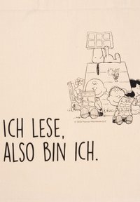 Tela di cotone con disegni a linea nera di personaggi dei cartoni animati che leggono, con il testo "ICH LESE, ALSO BIN ICH" in grassetto. Il testo è centrato sotto le immagini.