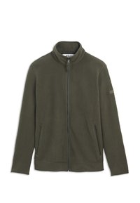 Veste en polaire vert olive avec fermeture éclair intégrale à l'avant, col montant et poches latérales zippées, conçue pour un usage décontracté en extérieur.