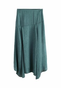 Gonna lunga e strutturata di un blu teal tenue. Presenta una vita aderente con cuciture e una silhouette fluente che si adagia elegantemente.
