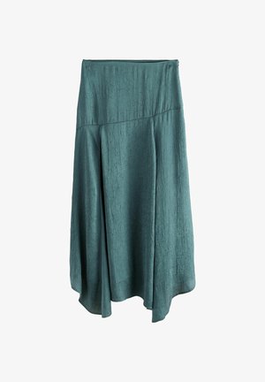 Dolg, teksturiran krilo v zatemnjenem teal odtenku. Ima prilegajoč pas z šivi in tekočo silhueto, ki elegantno pada.