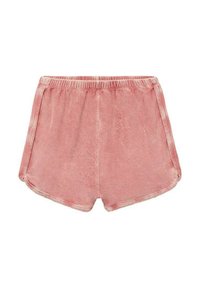 Ljust rosa träningsshorts gjorda av mjukt, texturerat tyg. Har en elastisk midja och sidofickor vid fållen för komfort och rörelsefrihet.