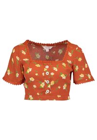 Květinový crop top v oranžové barvě s krátkými rukávy, krajkovým lemem, čtvercovým výstřihem a pěti knoflíkovými detaily na přední části. Obsahuje bílé a zelené květy.