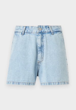 Svetlo modri jeans hlače na kratko z zapiranjem na gumb in zadrgo, z zankami za pas ter rahlo zbledelo teksturo.