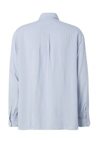Chemise bleu clair à manches longues avec boutons, fines rayures verticales blanches et bleu foncé, vue arrière avec un pli central sous le yoke.