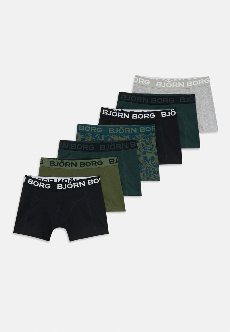 Set di sette paia di boxer da uomo in diverse tonalità di nero, verde, grigio e blu, con elastici brandizzati Björn Borg.