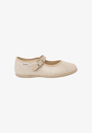 Chaussure Mary Jane beige avec une tige en tissu texturé, bride réglable à boucle et semelle plate, conçue pour un usage décontracté.