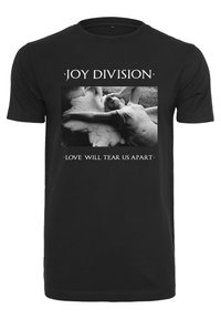 T-shirt en coton noir avec un graphisme central d'une statue et un texte en blanc indiquant "JOY DIVISION" et "LOVE WILL TEAR US APART".