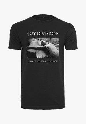 Sort bomulds t-shirt med et centralt grafisk motiv af en statue og tekst, der læser "JOY DIVISION" og "LOVE WILL TEAR US APART" i hvid.