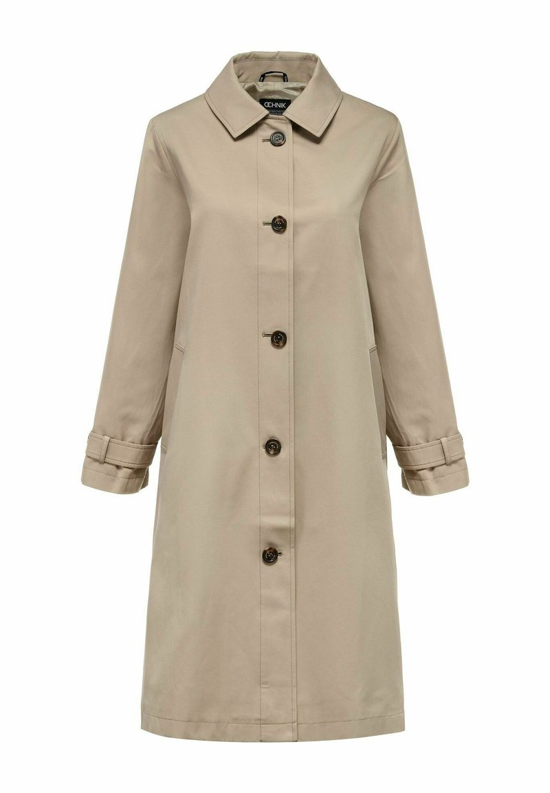 Beige Trenchcoat mit einfach geknöpftem Design, großem Kragen und Knopfverschlüssen. Verfügt über lange Ärmel mit umgeschlagenen Manschetten und seitlichen Taschen.