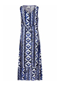 Robe maxi avec un motif géométrique bleu et blanc, décolleté en V, sans manches et une taille ceinturée. Matière brillante.