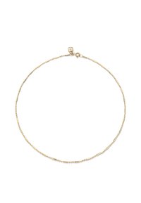 Collier doré avec des perles ovales allongées et sphériques alternées, doté d'un fermoir de type homard pour un port sécurisé.