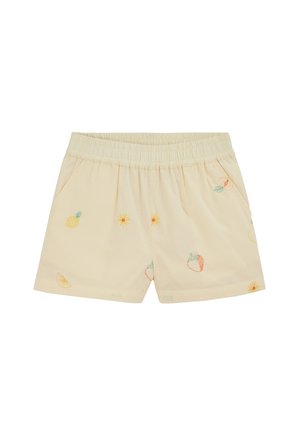 Pantaloncini con elastico in vita di colore beige chiaro con piccoli motivi ricamati di frutta e fiori in giallo, arancione, rosso e verde.