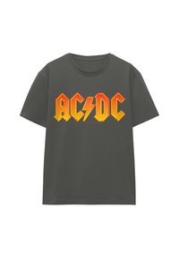 Dunkelgraues Baumwoll-T-Shirt mit auffälligem AC/DC-Logo in Orange- und Gelbtönen sowie einem Blitzdesign. Mit kurzen Ärmeln und Rundhalsausschnitt.