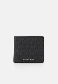 Black wallet featuring a textured MK logo pattern, accented with silver "MICHAEL KORS" branding at the bottom. Compact rectangular shape.
