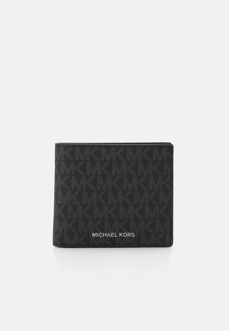 Black wallet featuring a textured MK logo pattern, accented with silver "MICHAEL KORS" branding at the bottom. Compact rectangular shape.