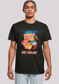 Black cotton t-shirt featuring a colorful graphic print with space-themed designs and text, including "51 Pegasi b" and "Greetings from your First Exoplanet."