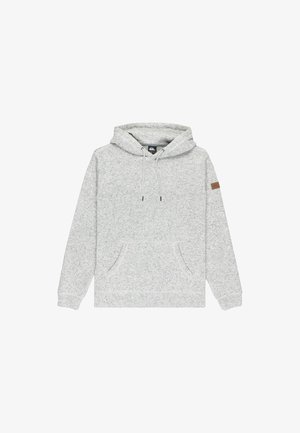 Szara bluza z kapturem o miękkim, teksturowanym wykończeniu, z kangurzą kieszenią, regulowanym ściągaczem przy kapturze oraz małą brązową naszywką z logo na rękawie.