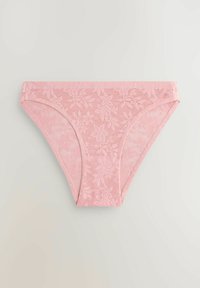 Roze kanten bikini onderkant met bloemmotief, met een doorschijnende textuur en elastische tailleband. Ontworpen voor een klassieke pasvorm.