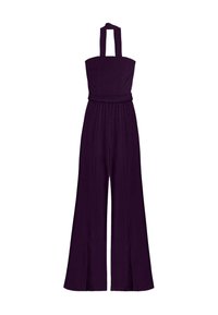 Mono morado sin mangas con un corsé ajustado, pantalones de pierna ancha y aberturas en el dobladillo, confeccionado en una tela suave y elástica.