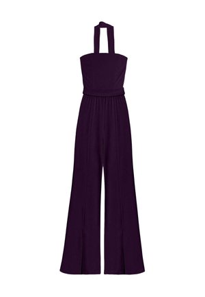 Mono morado sin mangas con un corsé ajustado, pantalones de pierna ancha y aberturas en el dobladillo, confeccionado en una tela suave y elástica.
