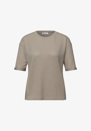 Taupe kurzärmeliges Strickpullover mit umgeschlagenen Bündchen und Rundhalsausschnitt, mit dem Etikett Street One, vor weißem Hintergrund gezeigt.