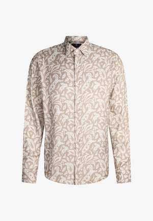 Camicia a maniche lunghe in tessuto color sabbia con motivi di foglie bianche, chiusura frontale con bottoni, colletto classico e orlo curvo.