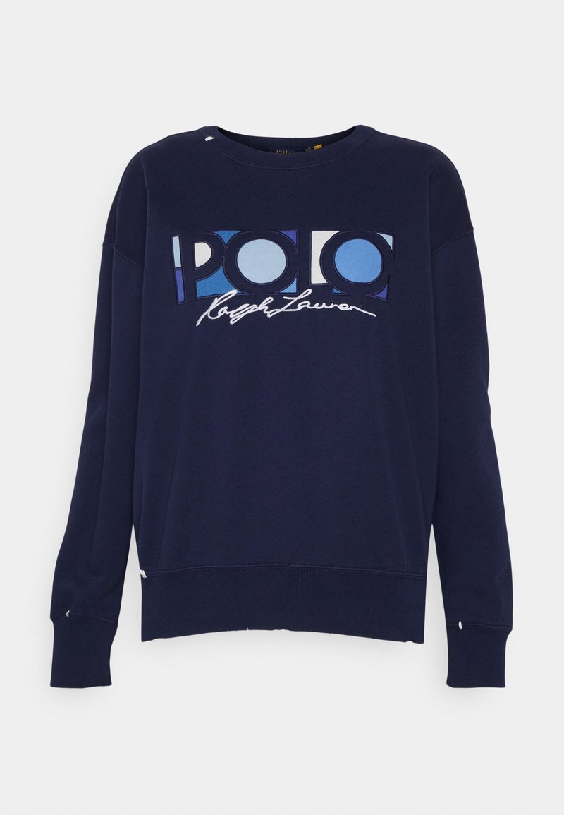 Navy blue sweatshirt made of cotton, featuring a large "POLO" logo in blue and white with a cursive "Ralph Lauren" beneath. Loose fit, ribbed cuffs.
