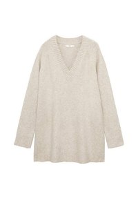 Hellbeige, übergroßer Pullover mit V-Ausschnitt, langen Ärmeln und gerippten Bündchen und Saum. Weiche Textur, minimales Design und bequeme Passform.
