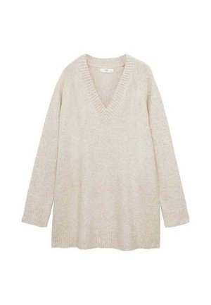 Pull oversized beige clair avec un col en V, des manches longues et des poignets et un ourlet côtelés. Texture douce, détails minimaux et coupe confortable.