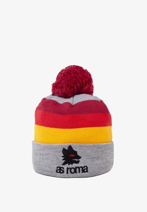 Gebreide beanie met rode, gele en grijze strepen, afgewerkt met een rode pompon. Bevat een zwart wolf-logo en de tekst "as roma" op de manchet.